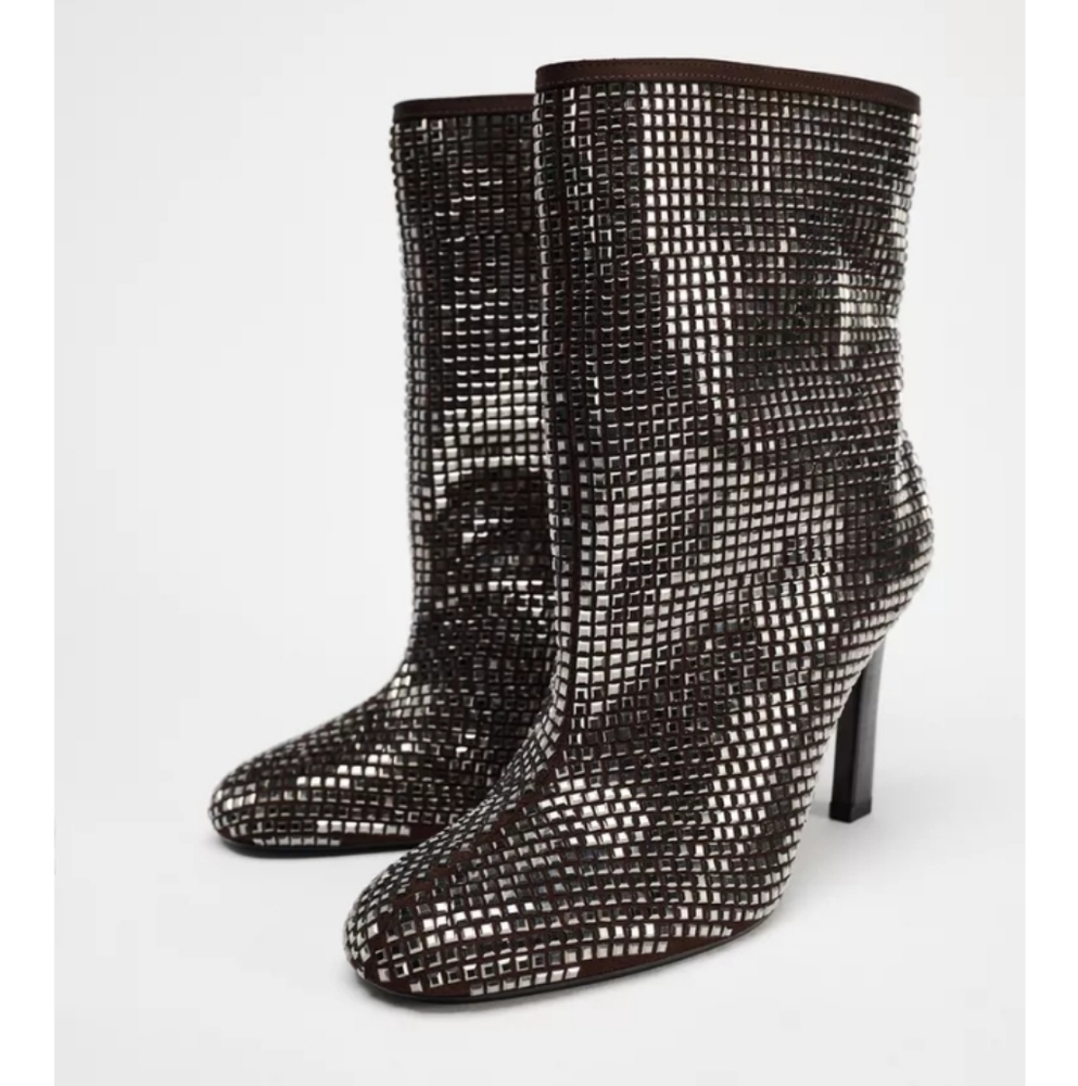 Zara Rhinestone Heeled Ankle Booties SZ 38/7.5